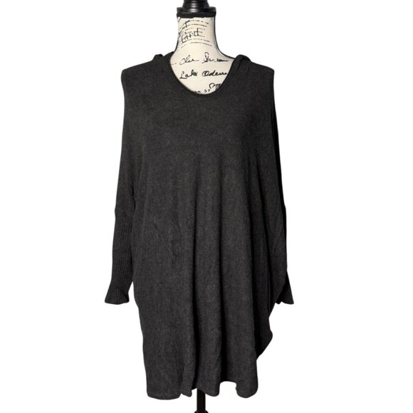 Eileen Fisher Women's Hooded Knit Sweater Tunic Poncho Italian Yarn Charcoal M/L - Picture 1 of 8